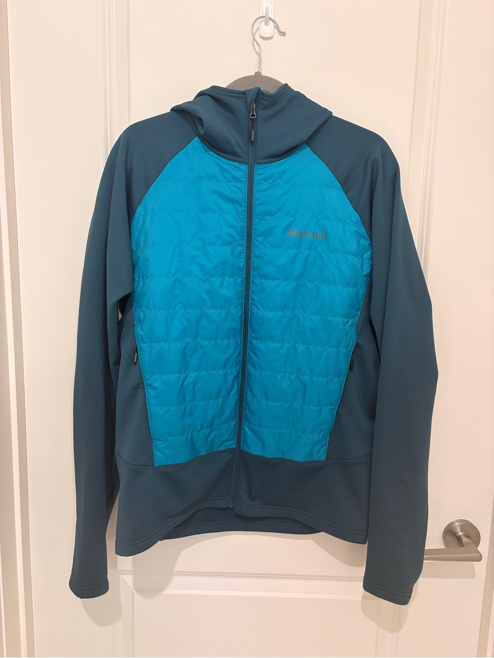 Marmot Hooded Hybrid Jacket in Teal and Turquoise